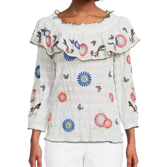 John Mark Floral Embroidered Peasant Top Small Ruffle Boho Feminine Vacation - Picture 1 of 12